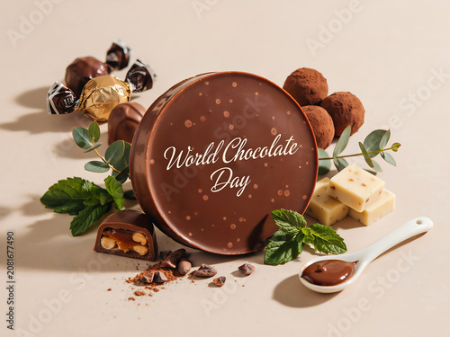 World chocolate day greeting card with round chocolate dessert piece decorated with fresh green mint leaves and assorted sweet truffles and pralines on a light table surface background