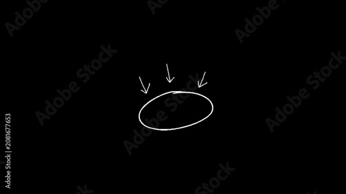 Circle, doodle, scribble, a simple white handdrawn illustration of an oval shape with three arrows pointing to it on a black background