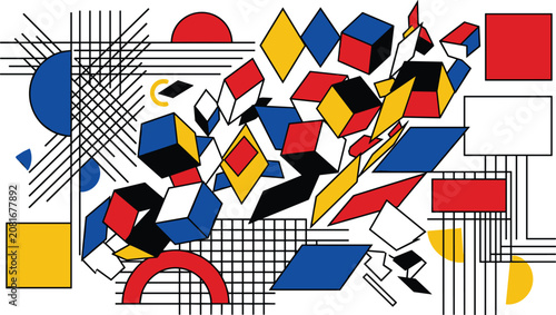 Foto Abstract geometric constructivism vector background featuring primary colors cubes lines grids and shapes