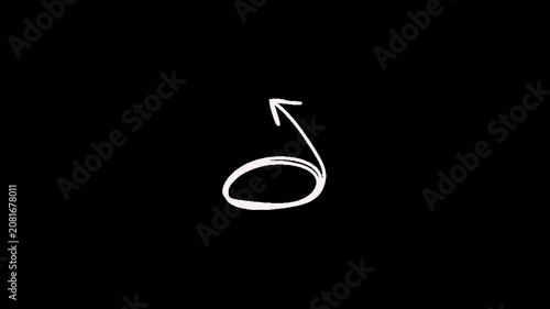 Circle, doodle, scribble, a white hand drawn loop with arrow pointing up and to the right on a black background