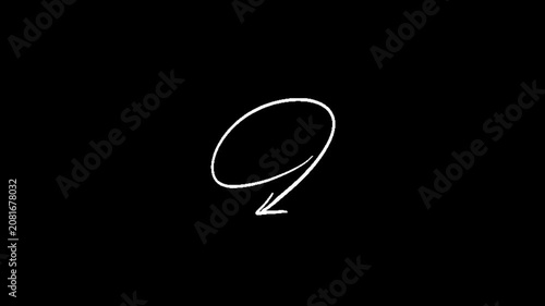 Circle, doodle, scribble, a white hand drawn number nine on a solid black background with elegant cursive script
