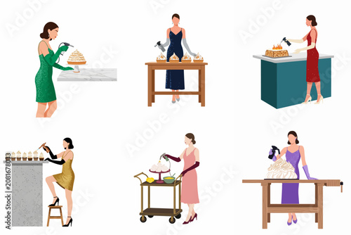 Foto Set of illustrations featuring elegant women in glamorous evening gowns using blowtorches to caramelize meringue on various gourmet desserts, blending fashion and culinary art