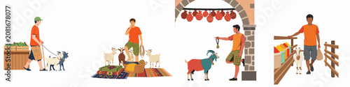 Cuadro en lienzo Flat illustration set depicting a man with goats in various traditional market and village scenes, featuring textiles, pottery, and agricultural produce