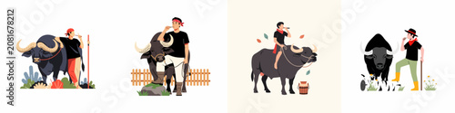 Bilde på lerret A set of illustrations showing a young herder boy playing a flute while tending to his water buffalo in a rural setting