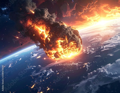 A massive asteroid engulfed in flames enters Earth's atmosphere, causing a catastrophic explosion
