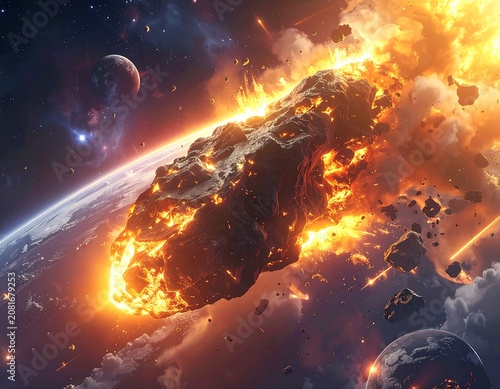 A massive asteroid engulfed in flames hurtles through space
