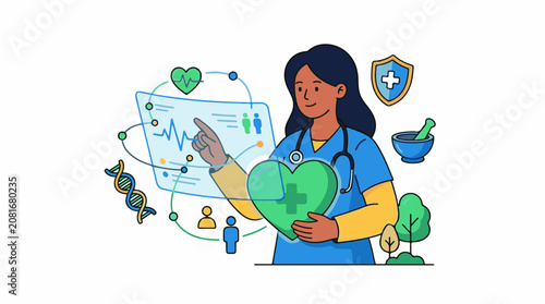 A medical professional interacts with health data and biological symbols