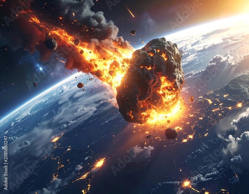 A massive asteroid hurtles towards a planet, engulfed in flames and debris