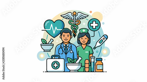Medical professionals with symbols of care health and medicine