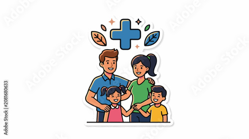 Happy family with medical symbol and leaves health care