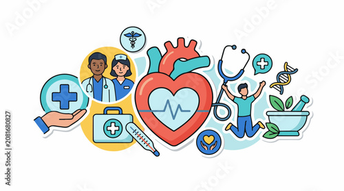 Medical professionals a heart DNA and healing symbols represent healthcare