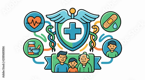 Health and medicine icons surrounding a family and caduceus symbol