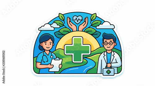 A cartoon graphic of two medical professionals standing on either side of a green cross