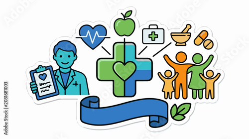 Doctor family health symbols medical cross apple pills banner leaves