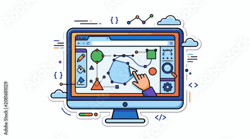 A computer screen displays a hand interacting with a colorful graph and various shapes