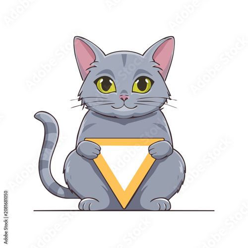 Cute Gray Cartoon Cat Holding Yellow Triangle