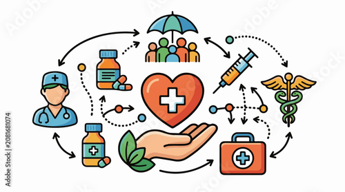 Health care symbols arranged in a network of connection and support