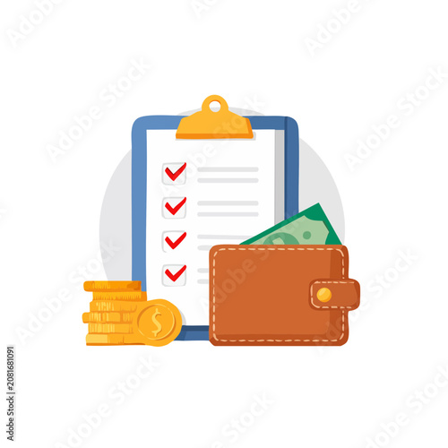 Finance checklist with wallet and coins vector illustration