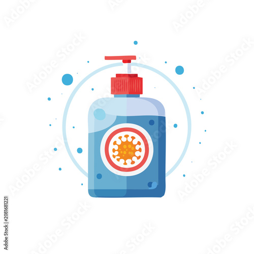 Flat illustration of hand sanitizer bottle with virus icon