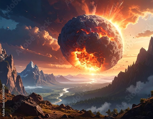 A massive explosion occurs in a mountainous landscape at sunset