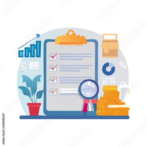 Flat vector illustration of checklist on clipboard with business icons