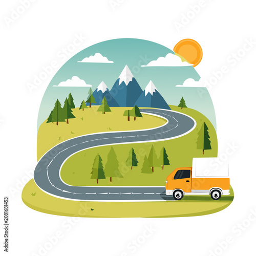 Winding road through scenic mountain landscape with truck
