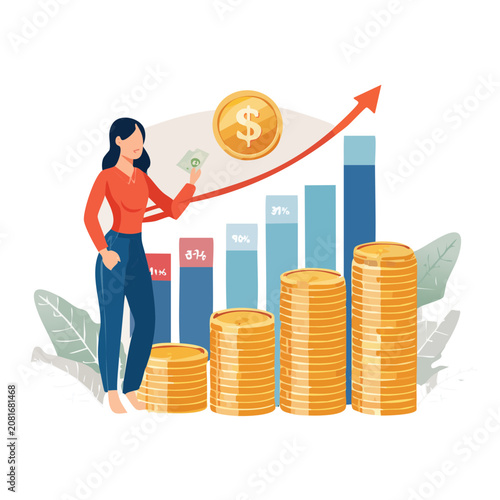 Woman with rising financial graph and coins illustration