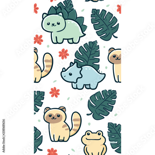 Cute cartoon animals and tropical plants seamless pattern