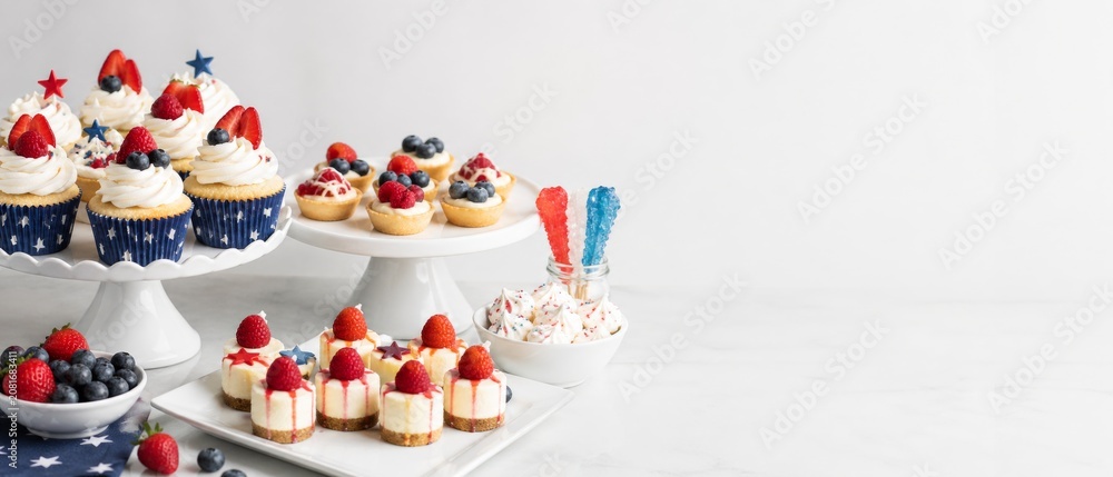 Fototapeta premium USA independence anniversary dessert banner with red white blue cupcakes, berry pastries, stars, sprinkles, copy space, patriotic sale background for 250th celebration marketing and social media