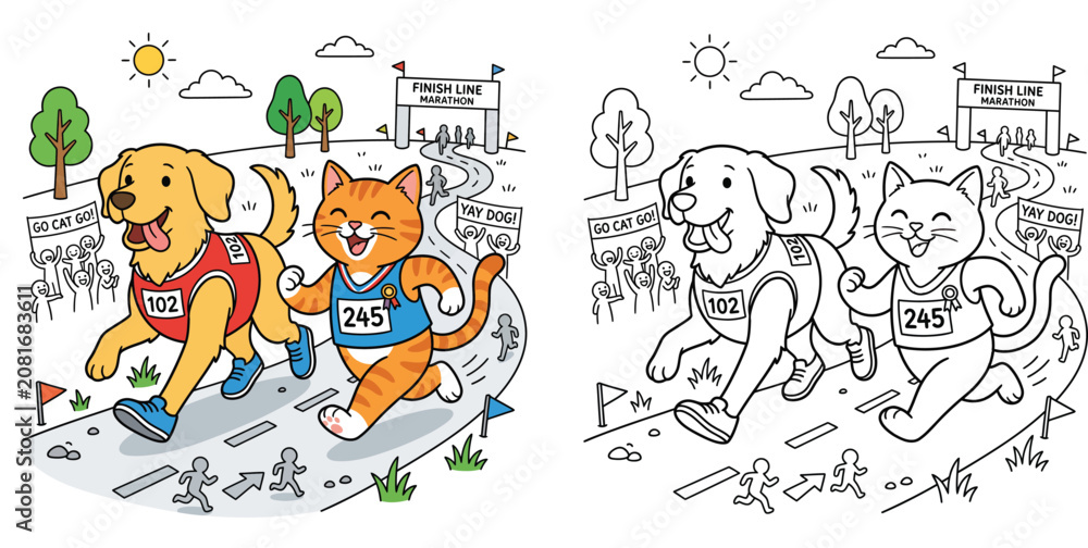 Naklejka premium Cartoon Cat and Dog Running a Marathon Race