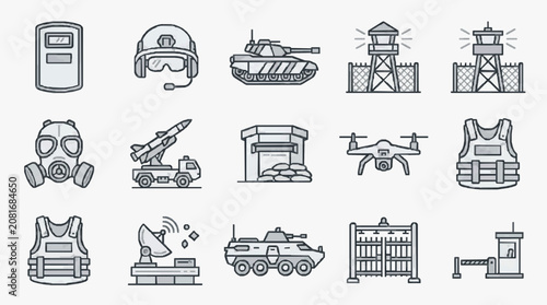 Photos Creative Monochrome Line Drawing Icons Set of Military and Security Equipment an