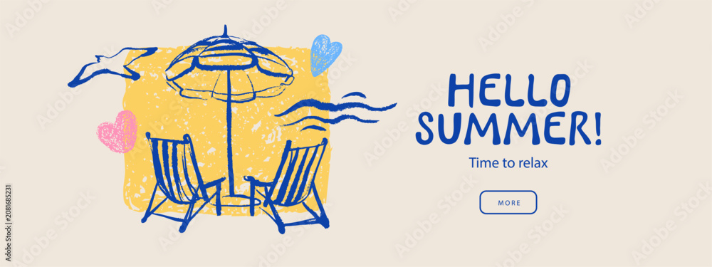 Fototapeta premium Italy Mediterranean coastal vacation banner with palms. Hand drawn sketch beach poster. Dolce vita summer vibe. Vintage summer crayon vector illustration