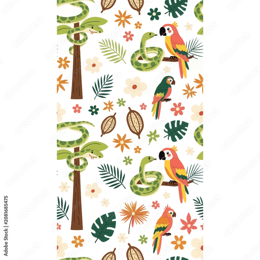 Obraz premium Jungle pattern with snakes and parrots