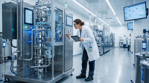 Female Scientist Monitoring Industrial Pharmaceutical Equipment with Tablet