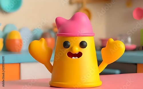 Cute Yellow Kitchen Character with Chef Hat and Pink Utensil Design, Playful 3D Food Mascot for Children and Creative Branding