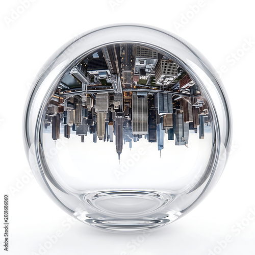Cityscape Reflection in Sphere: A surreal depiction of a modern city's skyline, inverted and contained within a clear glass sphere, creating a unique perspective on urban life.