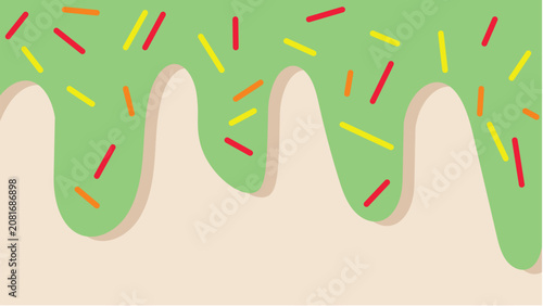   
Dripping icing vector illustration green frosting sprinkles wavy melting dessert topping beige background playful colorful modern design