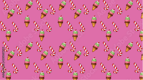   
Ice cream candy pattern vector illustration diagonal grid cones green scoops cherries candy canes festive pink background playful modern design