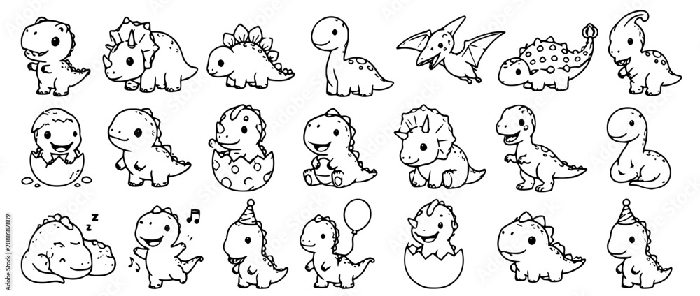 Obraz premium Cute Cartoon Baby Dinosaurs Outline Vector Illustration Banner. Line Art Character Set of Prehistoric Animals: T-Rex, Triceratops, and Pterodactyl for Kids Coloring Page