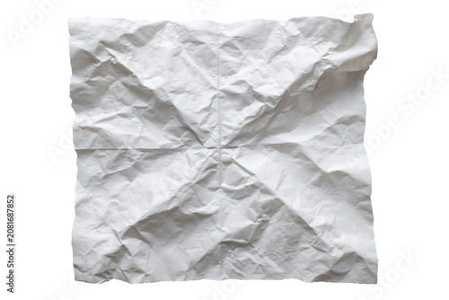 Square crumpled white paper sheet with cross fold lines isolated on transparent background, Clipart png