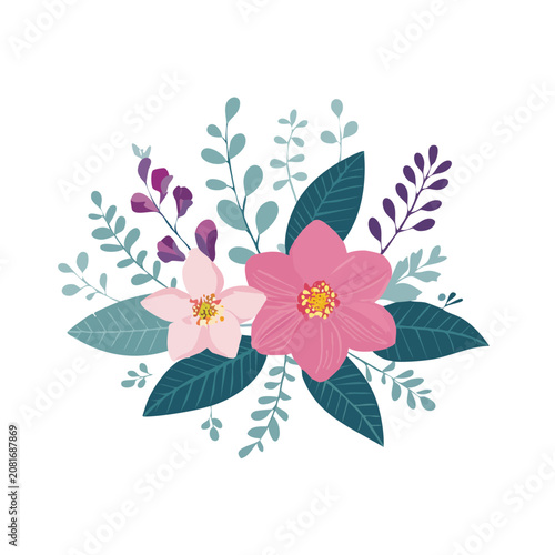 Flat illustration of a pink and white flower bouquet with leaves and