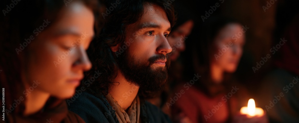 Fototapeta premium A group of early Christian followers and women gathered in a humble room, illuminated by gentle candlelight, creating a serene and sacred mood.