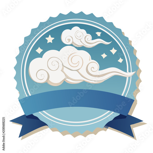 Blue circular badge with clouds and stars illustration