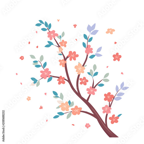 Cherry blossom branch with flowers and leaves vector illustration