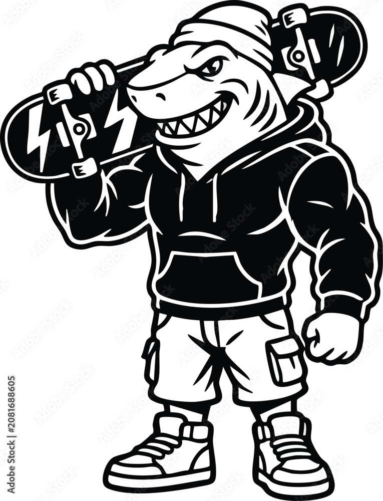 Naklejka premium Shark character holding suitcase and standing