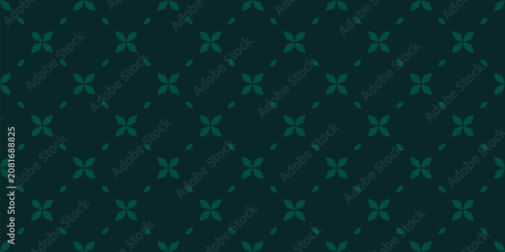 Fototapeta premium Subtle minimal floral texture. Elegant geometric seamless pattern with small flowers, leaves, lattice, grid. Vector abstract dark green background in oriental style. Repeated design for textile, print
