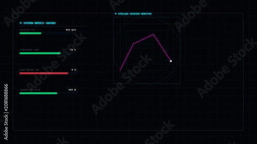 Futuristic tech dashboard with system metrics and stellar path monitoring