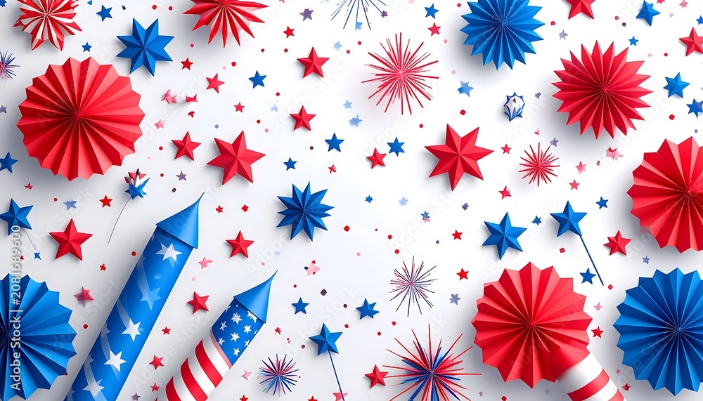 Obraz premium Fourth of July Patriotic Background with Fireworks and Fans.
