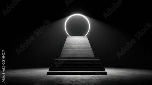 angelic. Minimalist staircase ascending towards a halo of light, symbolic composition. wellbeing guides, coaching materials, designed for mental health education and mindfulness programs.