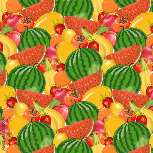 Fruits and berries in the pattern.Vector seamless pattern with bright berries and fruits on a transparent background.